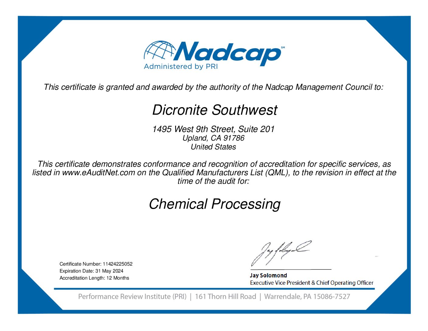 Dicronite Southwest Receives NADCAP Accreditation Thru May 2024