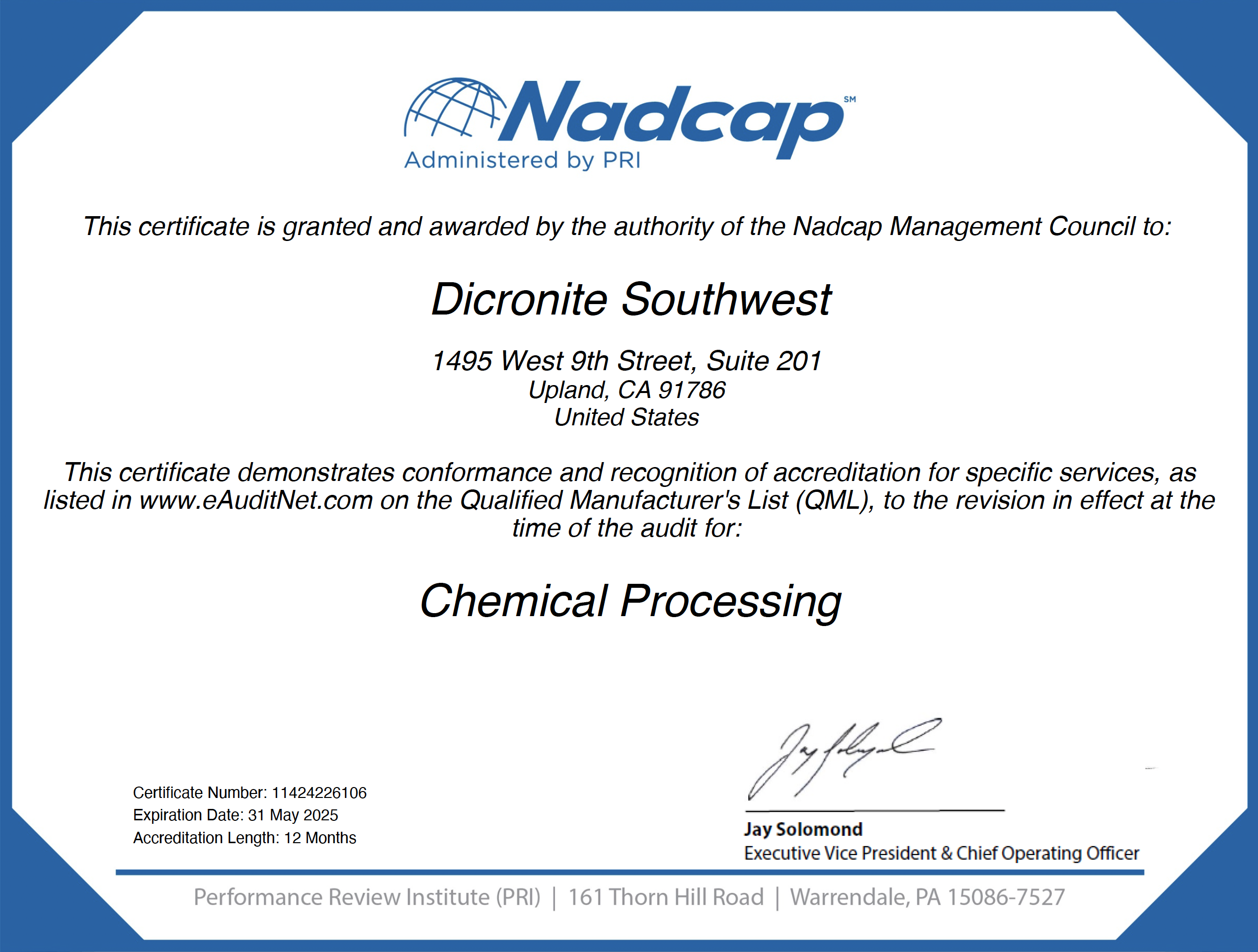 Our NADCAP Certification Renewed Until 2025!